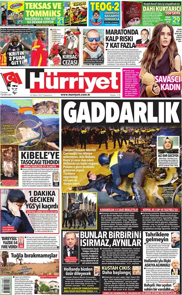 Gazete manşetleri Sözcü - Hürriyet - Habertürk 13 Mart 2017
