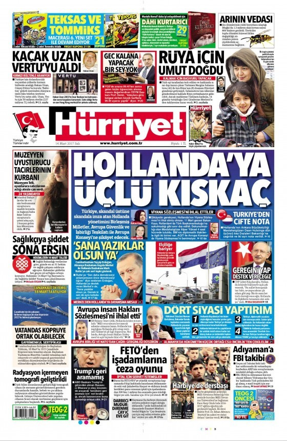 Gazete manşetleri Sözcü - Milliyet - Habertürk 14 Mart 2017