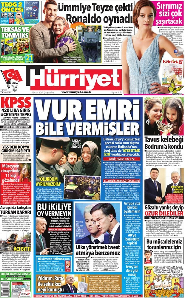 Gazete manşetleri Habertürk - Sözcü - Hürriyet 15 Mart 2017