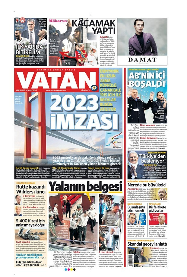 Gazete manşetleri Milliyet - Hürriyet - Vatan 16 Mart 2017