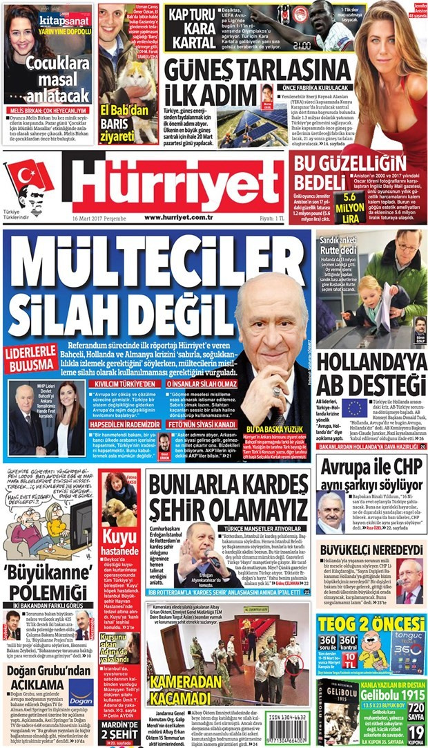 Gazete manşetleri Milliyet - Hürriyet - Vatan 16 Mart 2017