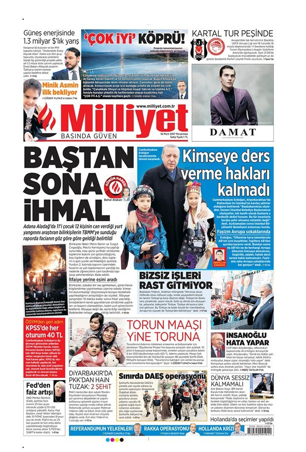 Gazete manşetleri Milliyet - Hürriyet - Vatan 16 Mart 2017