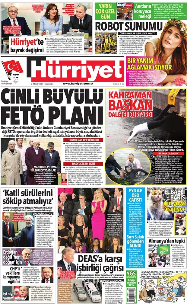 Gazete manşetleri Hürriyet - Sözcü - Vatan 2 Mart 2017