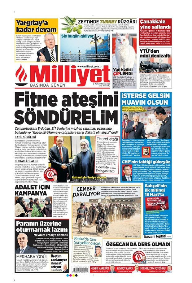 Gazete manşetleri Hürriyet - Sözcü - Vatan 2 Mart 2017