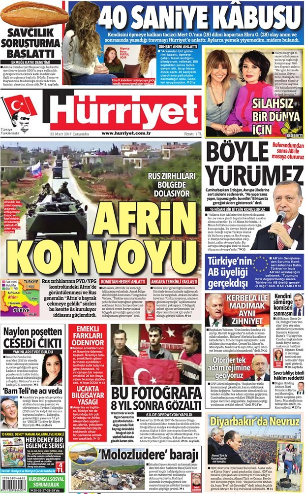 Gazete manşetleri Milliyet - Sözcü - Hürriyet  22 Mart 2017