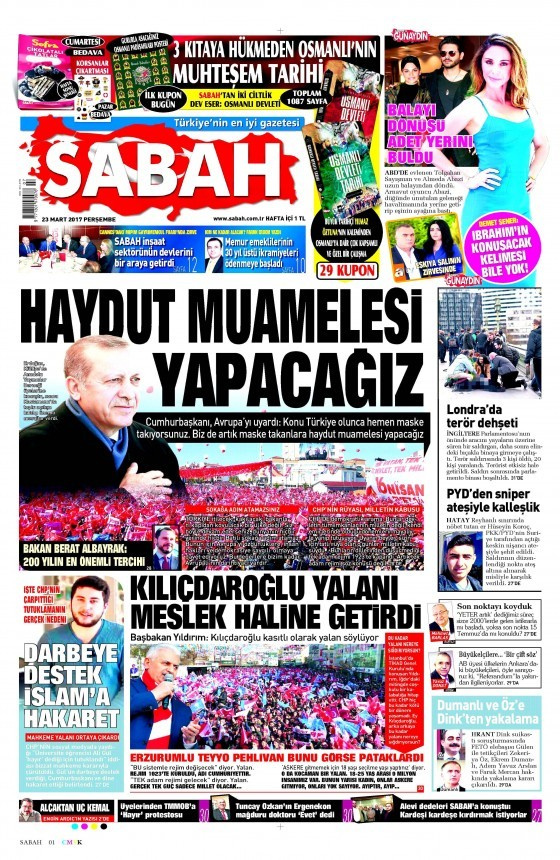 Gazete manşetleri Sözcü - Sabah - Hürriyet 23 Mart 2017