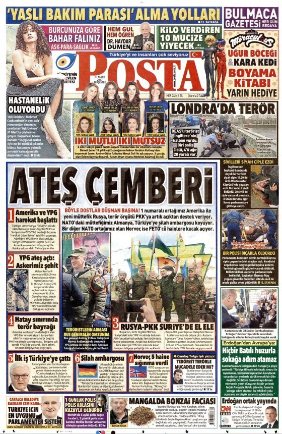 Gazete manşetleri Sözcü - Sabah - Hürriyet 23 Mart 2017