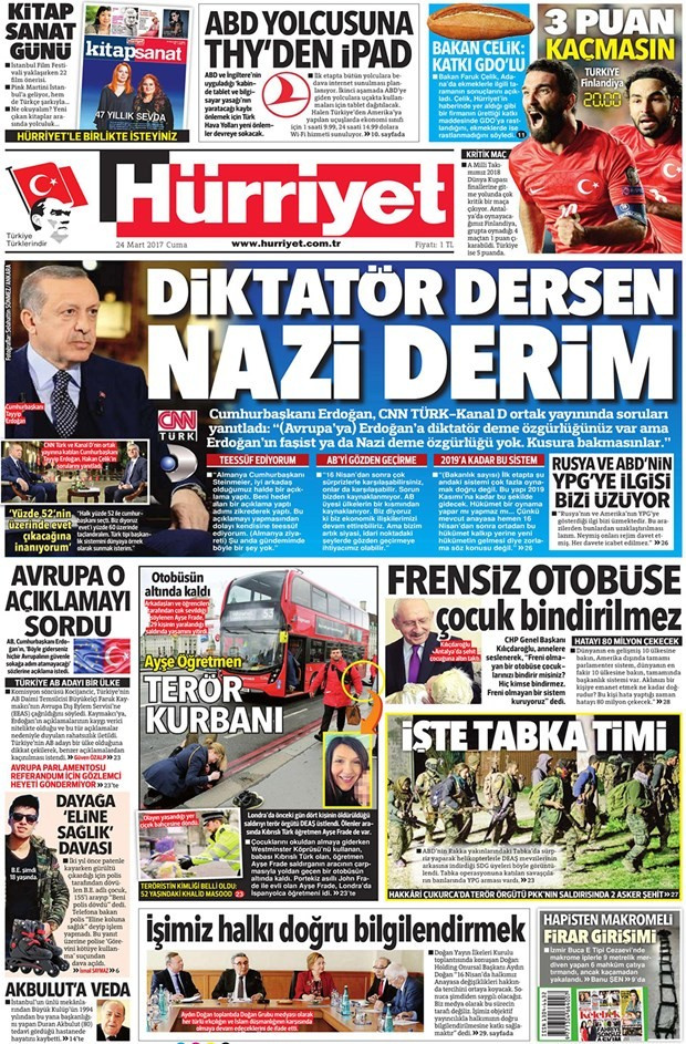 Gazete manşetleri Milliyet - Hürriyet - Sözcü 24 Mart 2017