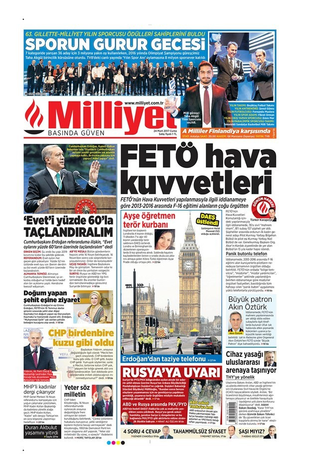 Gazete manşetleri Milliyet - Hürriyet - Sözcü 24 Mart 2017