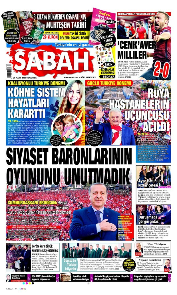 Gazete manşetleri Hürriyet - Sözcü - Milliyet 25 Mart 2017