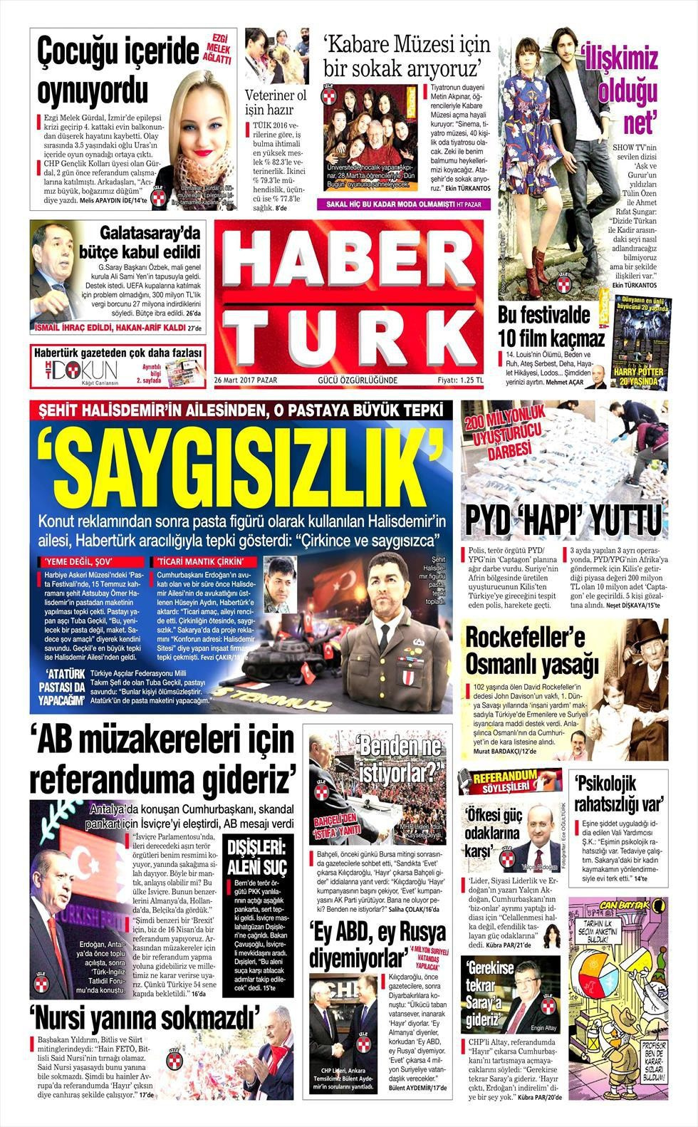 Gazete manşetleri Hürriyet - Sözcü - Milliyet 26 Mart 2017