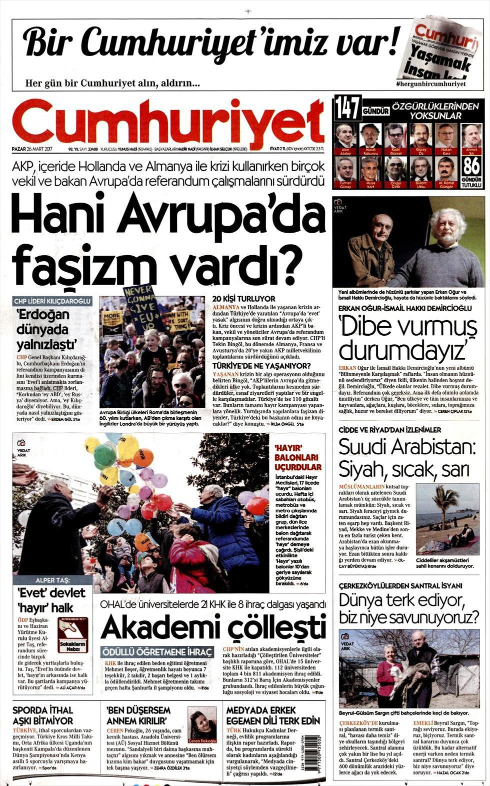 Gazete manşetleri Hürriyet - Sözcü - Milliyet 26 Mart 2017