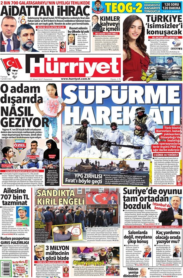 Gazete manşetleri Hürriyet - Sözcü - Milliyet 27 Mart 2017