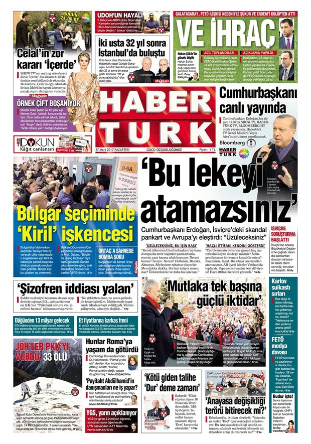 Gazete manşetleri Hürriyet - Sözcü - Milliyet 27 Mart 2017