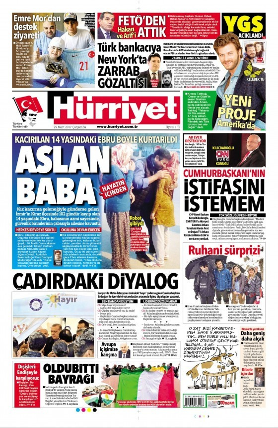 Gazete manşetleri Hürriyet - Sabah - Sözcü 29 Mart 2017