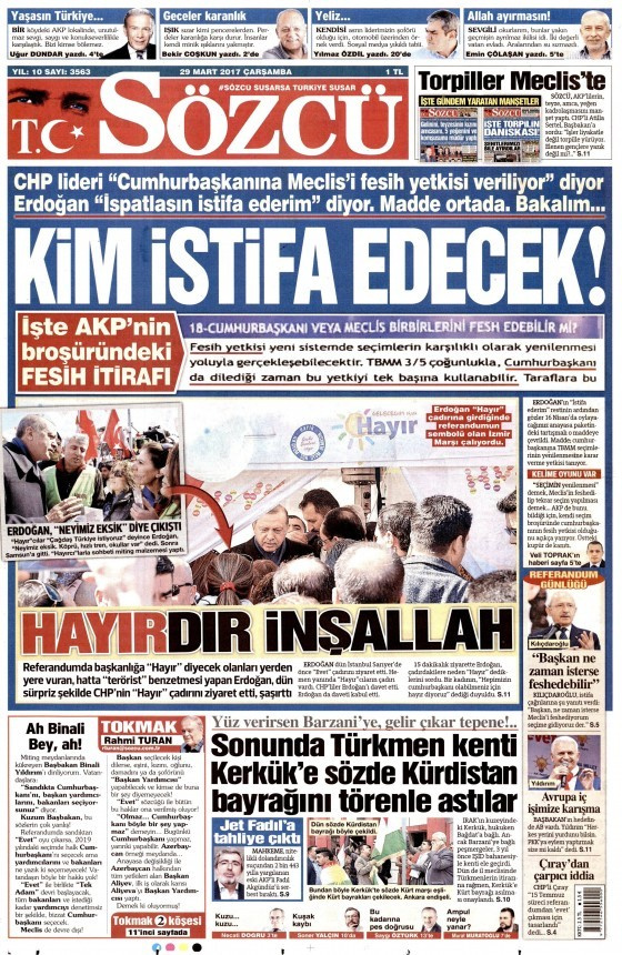 Gazete manşetleri Hürriyet - Sabah - Sözcü 29 Mart 2017