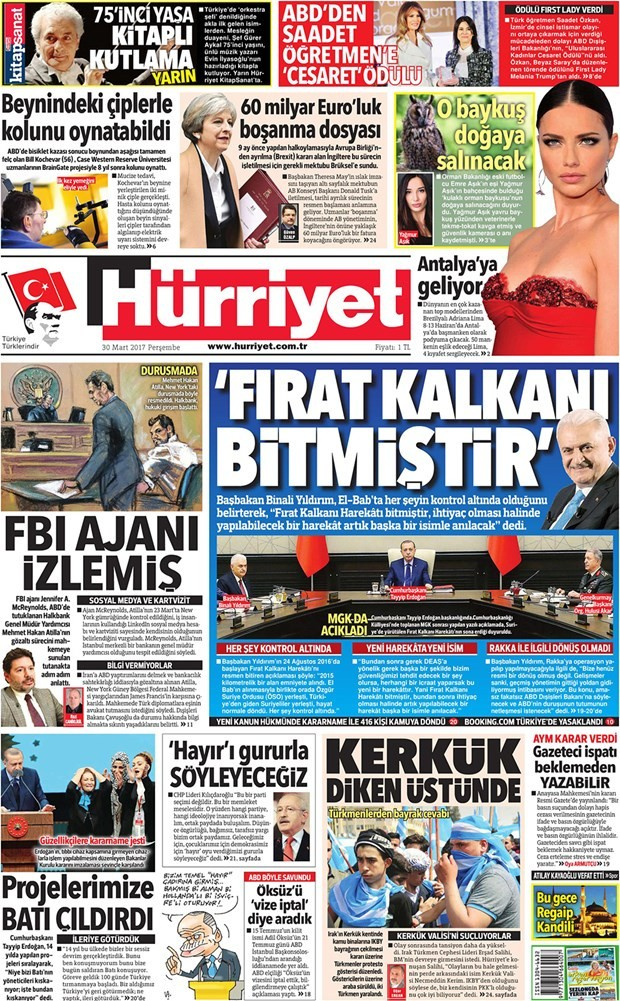 Gazete manşetleri Milliyet - Sözcü - Hürriyet 30 Mart 2017