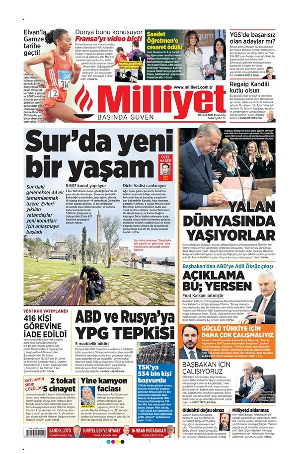 Gazete manşetleri Milliyet - Sözcü - Hürriyet 30 Mart 2017