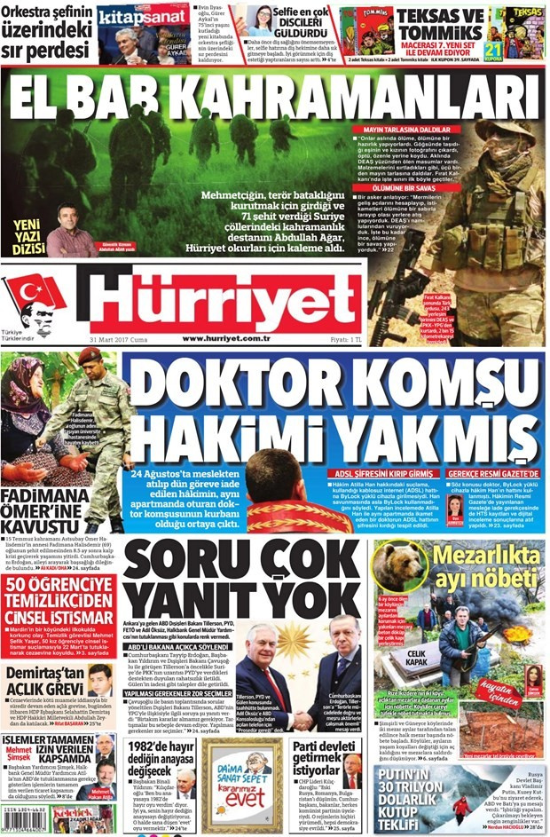 Gazete manşetleri Hürriyet - Sabah - Sözcü 31 Mart 2017