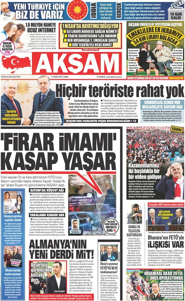 Gazete manşetleri Hürriyet - Sabah - Sözcü 31 Mart 2017