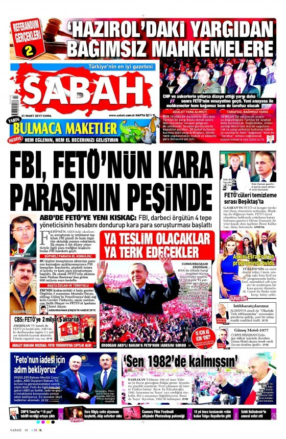 Gazete manşetleri Hürriyet - Sabah - Sözcü 31 Mart 2017