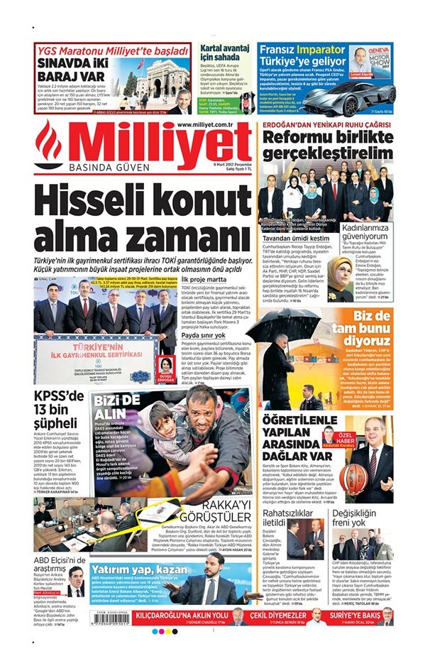 Gazete manşetleri Sözcü - Hürriyet - Milliyet 9 Mart 2017