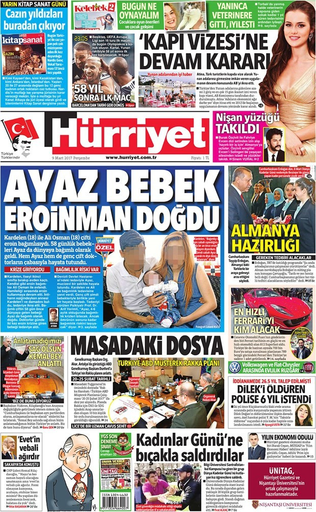 Gazete manşetleri Sözcü - Hürriyet - Milliyet 9 Mart 2017