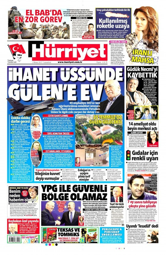 Gazete manşetleri Milliyet - Hürriyet - Sözcü 1 Nisan 2017