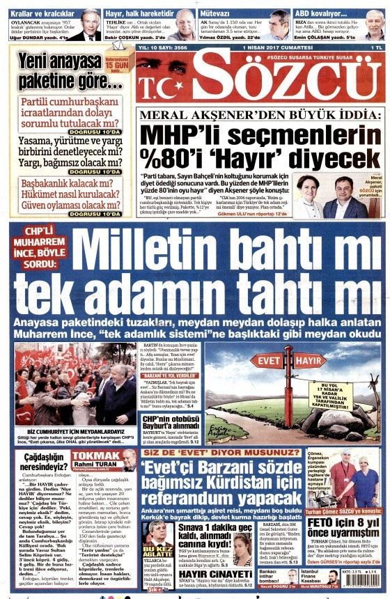 Gazete manşetleri Milliyet - Hürriyet - Sözcü 1 Nisan 2017