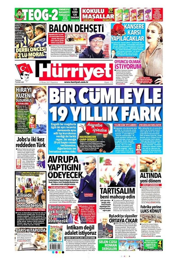 Gazete manşetleri Milliyet - Hürriyet - Sözcü 10 Nisan 2017