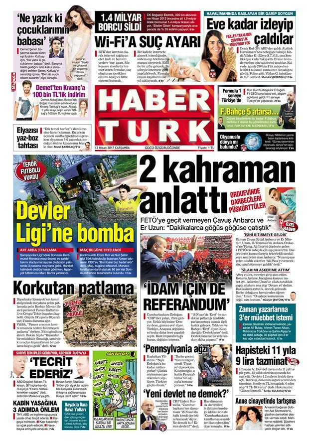 Gazete manşetleri Milliyet - Hürriyet - Sözcü 12 Nisan 2017