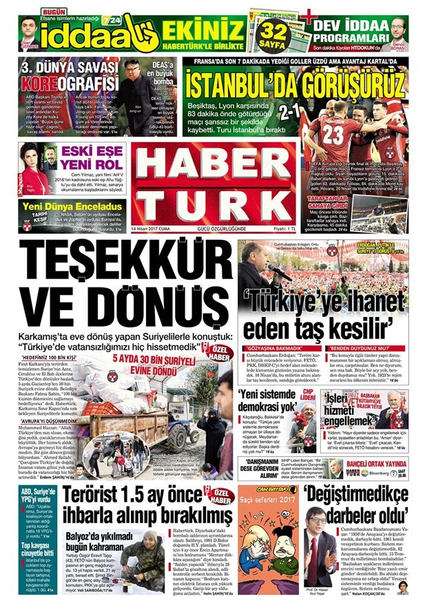 Gazete manşetleri Milliyet - Sözcü - Habertürk 14 Nisan 2017