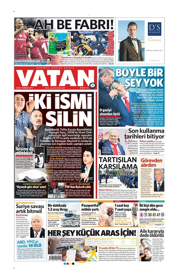 Gazete manşetleri Milliyet - Sözcü - Habertürk 14 Nisan 2017