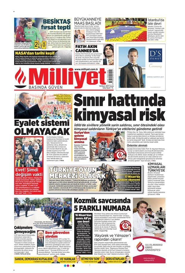 Gazete manşetleri Milliyet - Sözcü - Habertürk 14 Nisan 2017