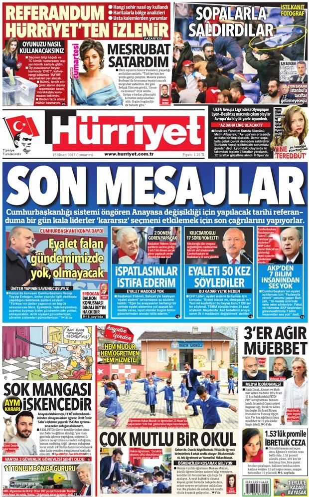 Gazete manşetleri Sözcü - Hürriyet - Milliyet 15 Nisan 2017