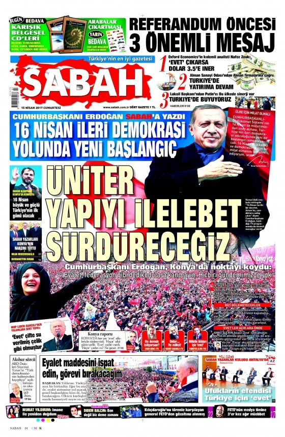 Gazete manşetleri Sözcü - Hürriyet - Milliyet 15 Nisan 2017