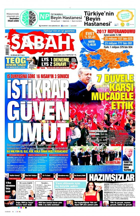 Gazete manşetleri Hürriyet - Sözcü - Sabah 18 Nisan 2017