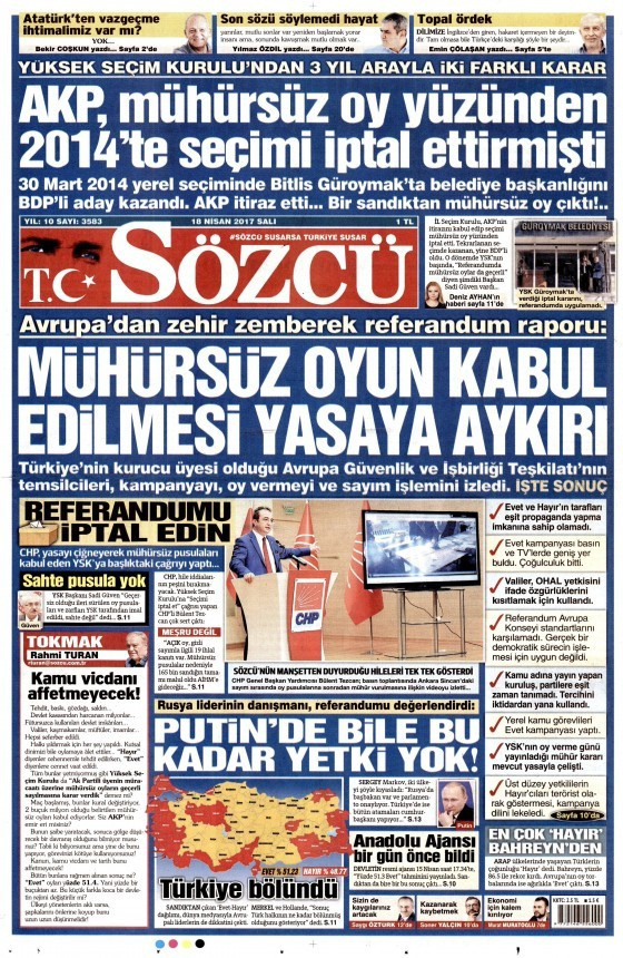 Gazete manşetleri Hürriyet - Sözcü - Sabah 18 Nisan 2017