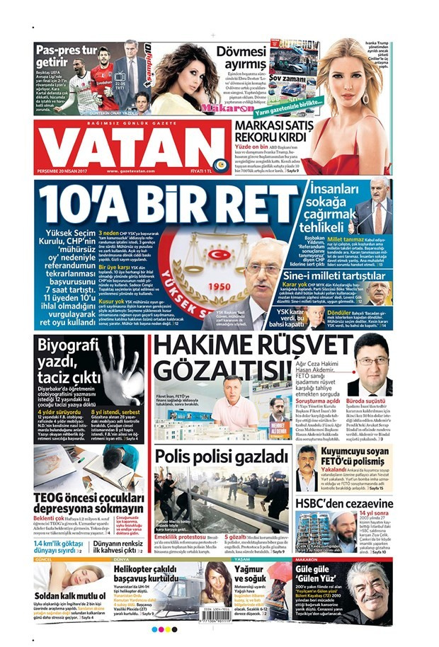 Gazete manşetleri Hürriyet - Sözcü - Habertürk 20 Nisan 2017