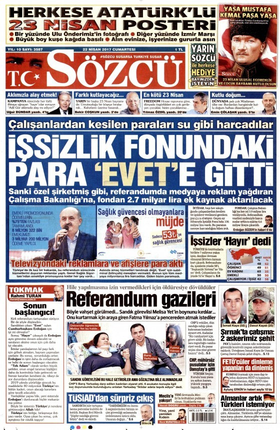 Gazete manşetleri Sözcü - Hürriyet - Habertürk 22 Nisan 2017