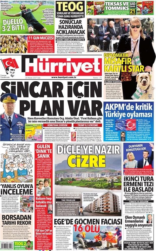 Gazete manşetleri Hürriyet - Aydınlık - Karar 25 Nisan 2017