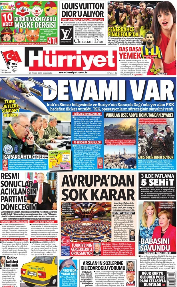 Gazete manşetleri Sözcü - Hürriyet - Milliyet 26 Nisan 2017
