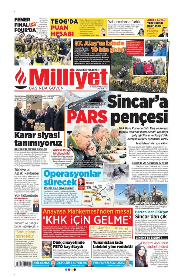 Gazete manşetleri Sözcü - Hürriyet - Milliyet 26 Nisan 2017