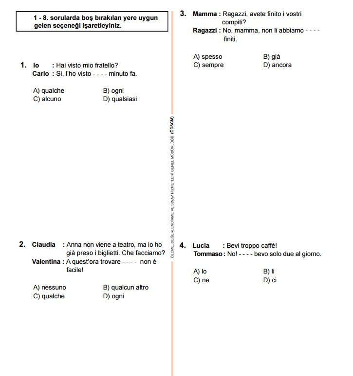 TEOG İtalyanca soruları ve cevap anahtarları 2017 tüm kitapçıklara göre