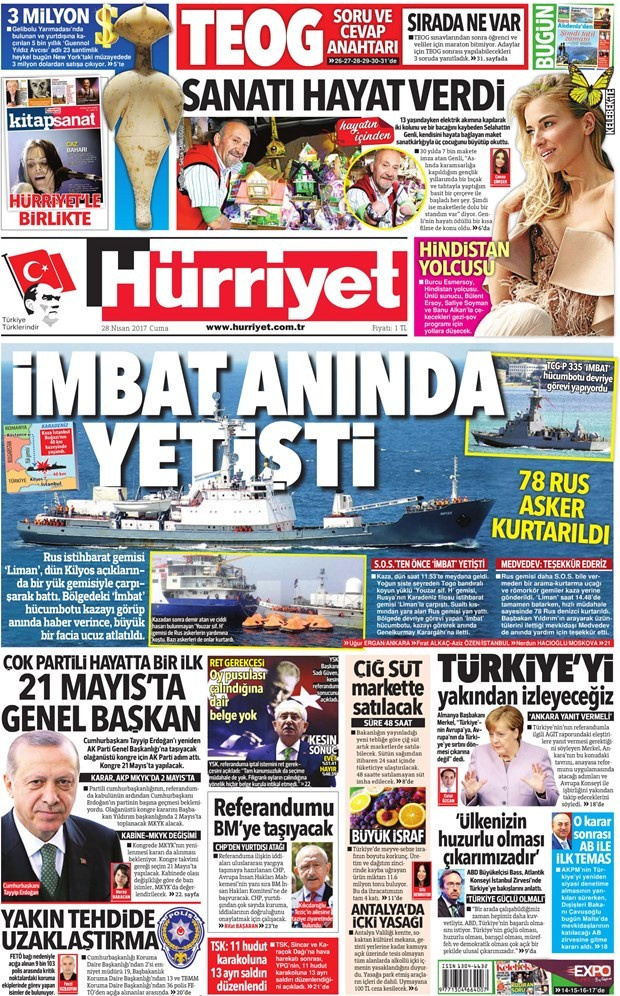 Gazete manşetleri Hürriyet - Sözcü - Milliyet 28 Nisan 2017