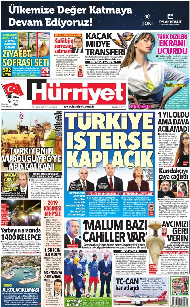 Gazete manşetleri Hürriyet - Sözcü - Milliyet 29 Nisan 2017