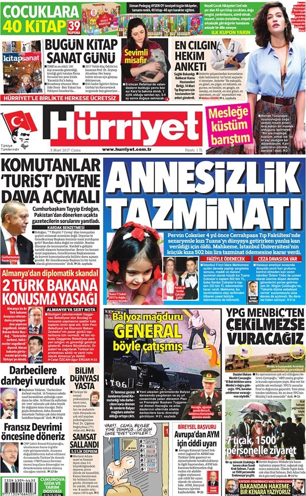 Gazete manşetleri Hürriyet - Habertürk - Sözcü 3 Nisan 2017