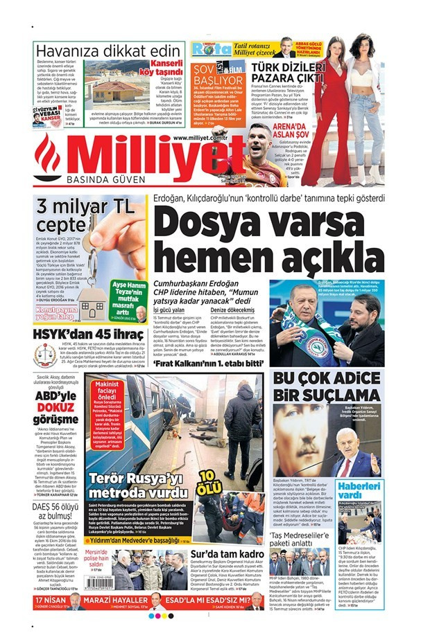 Gazete manşetleri Sözcü - Milliyet - Hürriyet 4 Nisan 2017