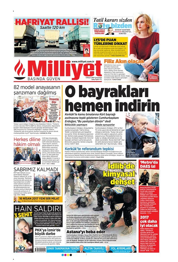 Gazete manşetleri Hürriyet - Vatan - Sözcü 5 Nisan 2017