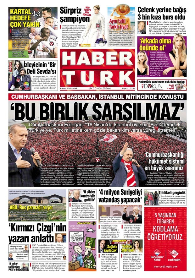 Gazete manşetleri Hürriyet - Sözcü - Sabah 9 Nisan 2017